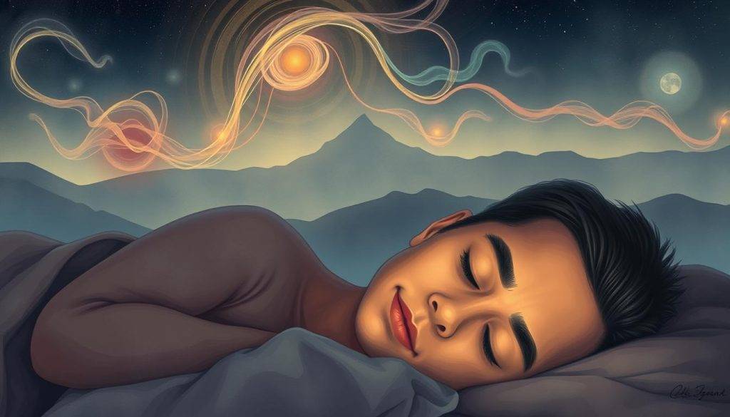 A detailed illustration depicting the various stages of REM sleep. In the foreground, a sleeping figure, their face relaxed and serene, surrounded by a hazy, dreamlike atmosphere. Swirling, ethereal shapes and colors in the middle ground represent the neural activity and brain waves associated with REM sleep. In the background, a faint silhouette of the Tibetan mountains, evoking the ancient wisdom and practices of dream yoga. The lighting is soft and muted, creating a contemplative, introspective mood. The scene is captured with a wide-angle lens, conveying a sense of depth and expansiveness, as if inviting the viewer to enter the subject's dream world.