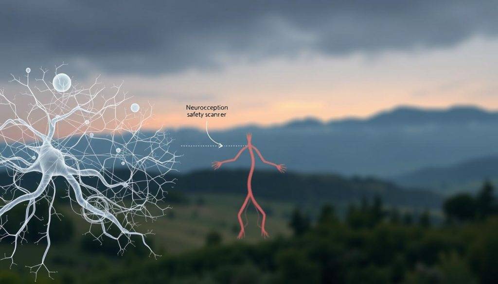 A detailed illustration of the neuroception process, showcasing the complex interplay between the body's unconscious safety scanner and the environment. In the foreground, a stylized neural network represents the rapid, automatic assessment of safety cues. The middle ground depicts the vagus nerve, the key component of the parasympathetic nervous system, transmitting information about the body's internal state. In the background, a serene, natural landscape conveys the sense of safety and calm. The image is rendered with a soft, muted color palette, evoking the subtle, yet profound nature of the neuroception mechanism. Precise, technical lighting highlights the various elements, creating a harmonious and visually captivating depiction of this essential aspect of the Polyvagal Theory.