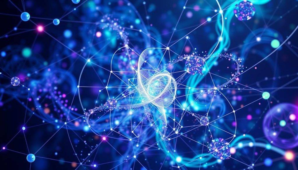 A detailed quantum diagram depicting the intricate web of interconnectedness between particles, energy, and the fabric of reality. Vibrant hues of blues, purples, and greens swirl and dance, representing the subtle yet powerful forces of attraction that bind the quantum realm. Clean, crisp lines intersect and converge, guiding the viewer's eye through the intricate patterns that underlie the manifestation of entangled thoughts and physical reality. Soft, diffused lighting casts a serene, contemplative atmosphere, inviting deeper exploration of the mysterious quantum principles that govern the universe.