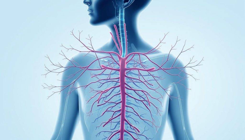 A detailed schematic illustration of the human autonomic nervous system, depicting the complex interplay between the sympathetic and parasympathetic divisions. The image should showcase the intricate network of nerves, ganglia, and connections that regulate involuntary bodily functions such as heart rate, breathing, digestion, and stress response. Render the system in a clean, anatomical style with a subtle blue-gray color palette, illuminated by soft, directional lighting that casts gentle shadows to accentuate the three-dimensional structure. Capture the delicate balance and dynamic nature of this essential physiological system, conveying a sense of harmony and interconnectedness.