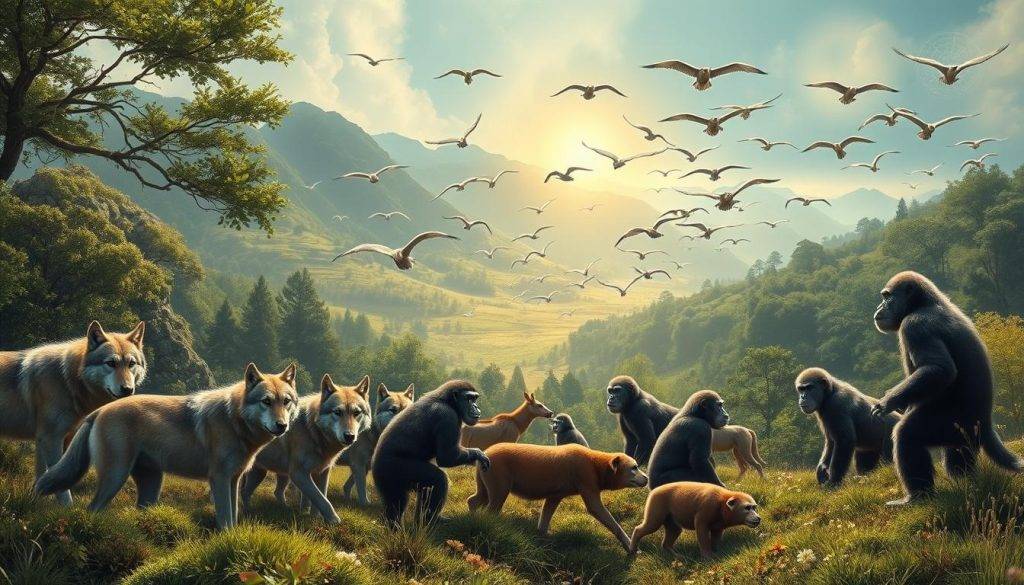 A detailed scientific illustration of various animal behavior case studies, captured in a compelling and naturalistic style. The foreground depicts a range of animal subjects, such as a pack of wolves, a troop of chimpanzees, and a flock of migrating birds, each engaged in their distinct social and communicative behaviors. The middle ground showcases a lush, verdant landscape with natural lighting, creating a sense of depth and immersion. In the background, subtle visual cues allude to the concept of "morphic resonance," with faint, ethereal energy fields and patterns subtly permeating the scene. The overall composition and attention to detail evoke a sense of scientific curiosity and a deeper understanding of the interconnectedness of the natural world.