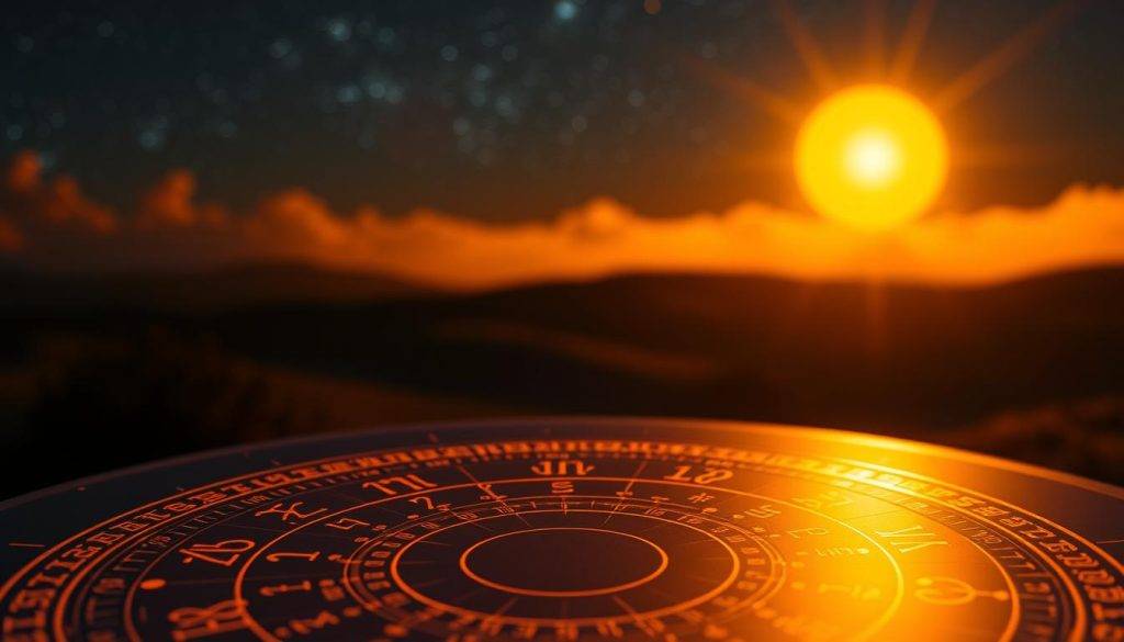 A detailed solar return chart illuminated by warm, golden light, set against a serene night sky. In the foreground, the astrological symbols and planetary positions are rendered with precision, showcasing the intricate patterns that define the solar return. The middle ground features a zodiac wheel, its segments delineated with delicate lines, hinting at the cyclical nature of the solar return. In the background, a hazy, starry landscape sets the cosmic stage, emphasizing the astrological significance of this celestial event.