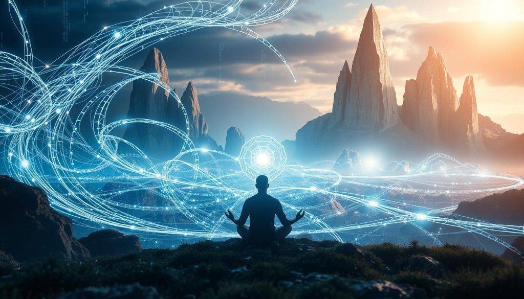 A digital landscape where algorithmic influence permeates the realm of spiritual content. In the foreground, a serene figure meditating, their aura intertwined with swirling data streams. In the middle ground, cascading lines of code and glowing geometric shapes, reflecting the intricate web of digital algorithms. In the background, a mystical landscape with towering crystal formations and ethereal lighting, hinting at the natural world's connection to the virtual. The scene conveys a sense of both harmony and tension, as the digital and the spiritual converge, inviting the viewer to ponder the impact of technology on inner exploration and self-discovery.