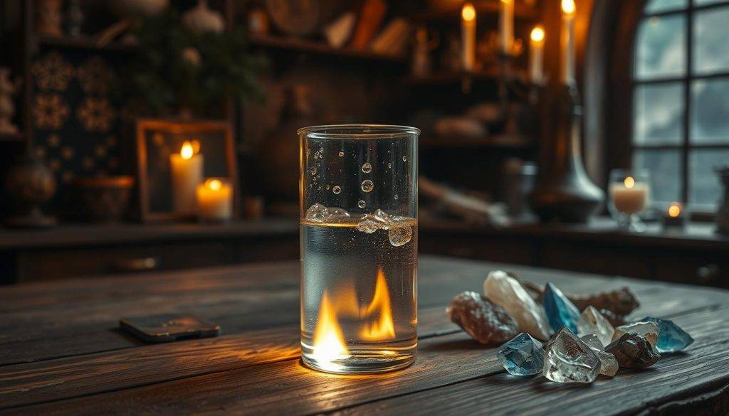 A dimly lit alchemist's workshop, filled with the aroma of herbs and the soft glow of candles. On a weathered wooden table, a glass beaker filled with clear liquid sits atop a flickering flame. Delicate droplets of water slowly condense on the beaker's surface, reflecting the dancing shadows. Beside it, an array of crystals, each with its unique hue, arranged in a deliberate pattern. The room's atmosphere is one of tranquility and focus, as the alchemist carefully monitors the preparation of this water quality elixir, infused with the energies of the crystals, ready to be used in a transformative ritual.