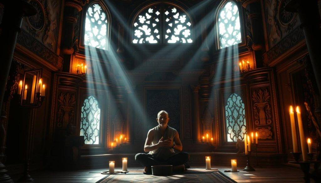 A dimly lit, ancient temple interior, with intricate carvings and ornamental details adorning the walls. Flickering candles cast a warm, ethereal glow, illuminating a central altar where a shaman or mystic sits in a meditative pose, hands cupped, eyes closed, immersed in a profound state of concentration. The atmosphere is one of reverence and deep, spiritual contemplation, as the practitioner channels the energies of the natural world to manifest their intentions. Beams of otherworldly light filter through ornate windows, creating an mystical, almost dreamlike ambiance. The scene evokes a sense of timelessness, where the boundaries between the physical and metaphysical realms blur.