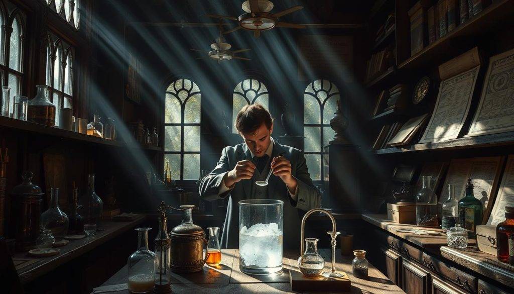 A dimly lit, antiquated laboratory filled with arcane glassware and crystal vessels. Hazy beams of sunlight filter through aged windows, casting an ethereal glow over the scene. In the center, a scientist in period attire carefully measures ingredients, preparing a luminescent crystal elixir. Intricate alchemical diagrams and tomes adorn the weathered wooden shelves, hinting at the centuries-old traditions that inform this practice. The atmosphere is one of reverence and curiosity, as if the viewer has been granted a rare glimpse into a hidden world of esoteric knowledge.