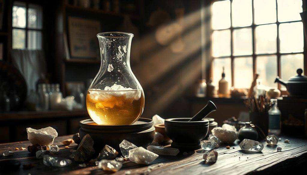 A dimly lit apothecary workshop, the air thick with the scent of herbs and crystals. In the foreground, two glass vessels sit atop a dark wooden table, their contents bubbling and swirling - the direct and indirect methods of creating crystal elixirs. Sunlight filters in through a window, casting a warm glow on the scene. Scattered around the vessels are an assortment of quartz crystals, mortar and pestle, and other alchemical tools. The background is hazy, suggesting a sense of mystery and ancient wisdom. The overall mood is one of contemplation and the pursuit of natural healing.
