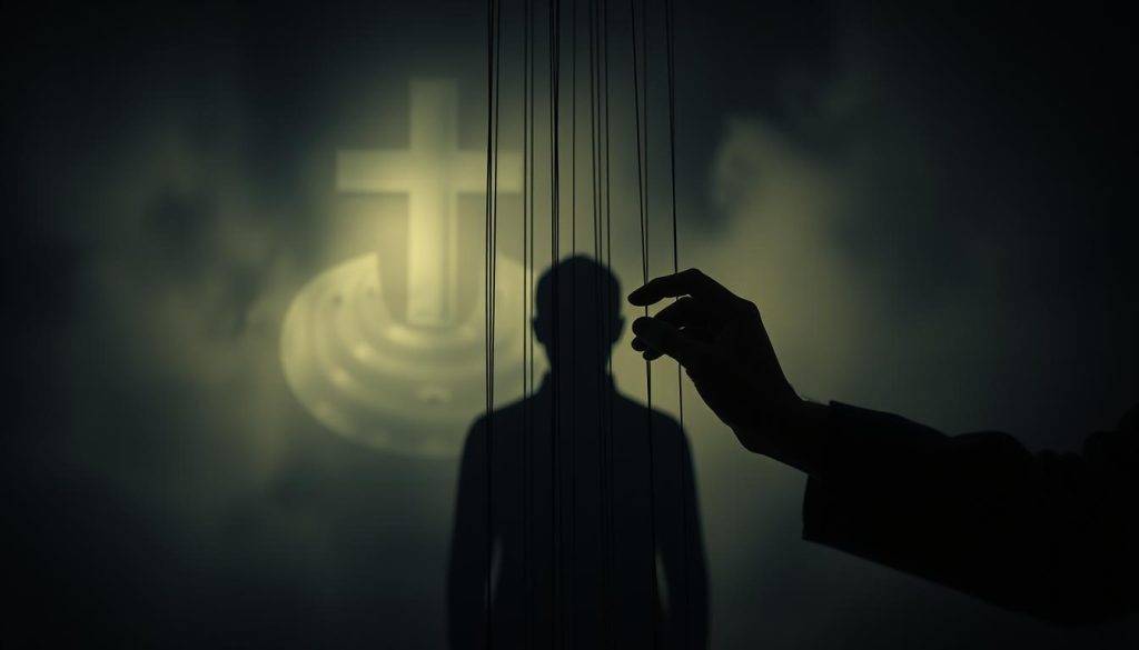 A dimly lit, atmospheric scene depicting the subconscious influence techniques. In the foreground, a pair of hands gently manipulating strings attached to a human silhouette, representing the subtle, unseen forces that shape our thoughts and behaviors. The middle ground features an abstract, hazy backdrop with subtle, ephemeral shapes and patterns, hinting at the complex, enigmatic nature of the subconscious mind. The background is shrouded in a soft, muted color palette, creating a sense of mystery and introspection. The lighting is low-key, with dramatic shadows and highlights, emphasizing the hidden, mysterious nature of the subject matter. The overall mood is one of intrigue, captivation, and the power of the unseen.