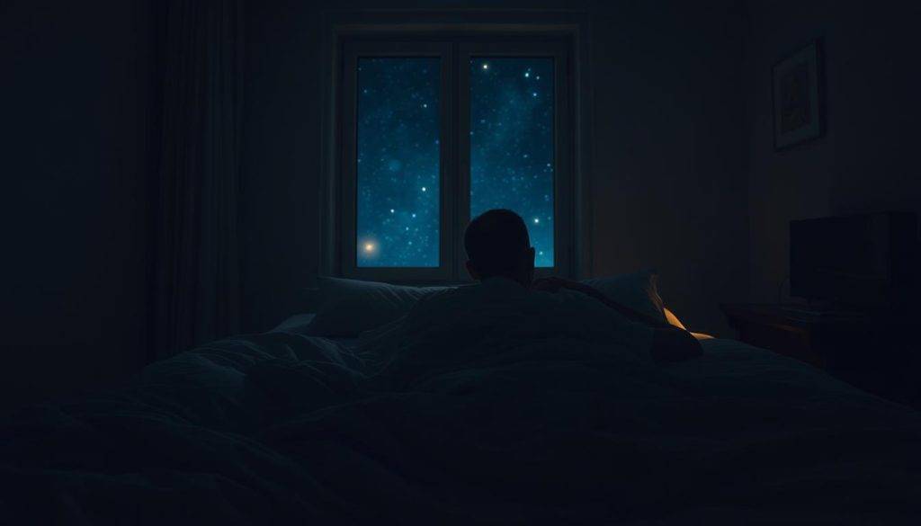 A dimly lit bedroom with a bed in the foreground, the sleeper facing away from the camera. Soft, warm lighting illuminates the scene, casting a gentle glow on the bedsheets and pillows. In the background, a window reveals a starry night sky, hinting at the dreamlike state the subject is about to enter. The overall atmosphere is serene and contemplative, inviting the viewer to imagine the person's journey into the realm of lucid dreaming. The camera angle is slightly elevated, offering a birds-eye view of the sleeper, capturing the intimacy and introspection of the wake-back-to-bed technique.