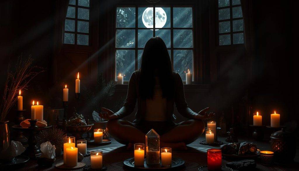 A dimly lit ceremonial space, candlelight flickering over sacred objects and symbols. Crystals, herbs, and incense create an atmosphere of tranquility and contemplation. In the foreground, a person sits cross-legged, hands open in meditation, their face obscured in shadow. Shafts of moonlight stream through a window, casting an ethereal glow across the scene. The overall mood is one of introspection, healing, and the connection between the physical and spiritual realms.