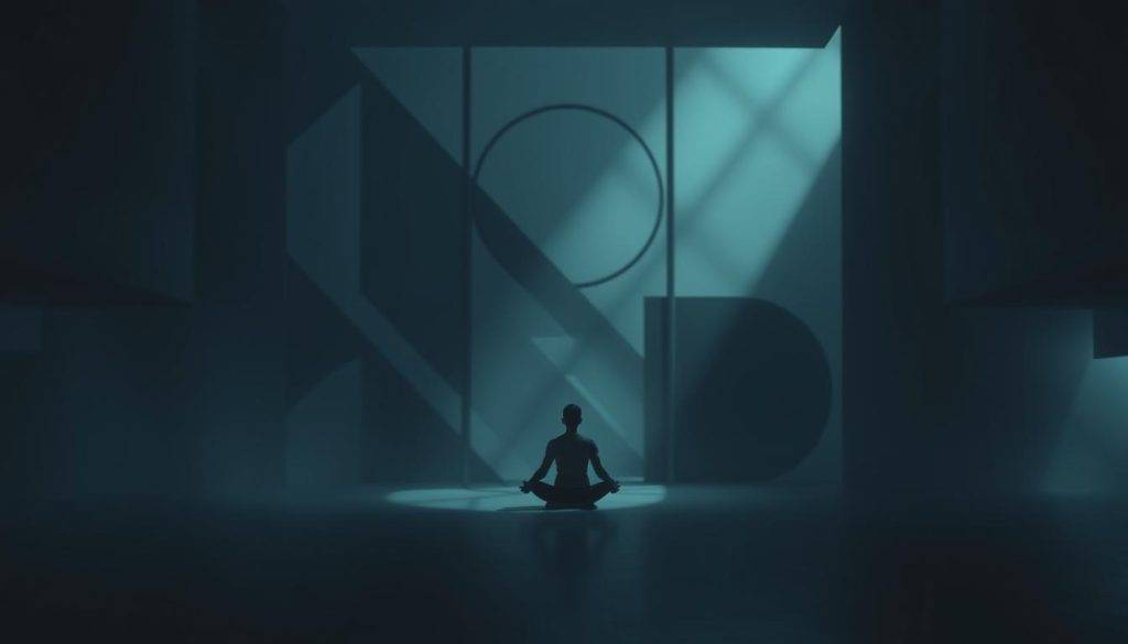 A dimly lit, contemporary interior space, with a lone figure seated cross-legged in a meditative pose. Soft, muted lighting casts long shadows, creating a pensive atmosphere. The figure is surrounded by abstract, geometric shapes and patterns, representing the complexities of the modern spiritual crisis. The background is hazy, blurred, and slightly out of focus, conveying a sense of uncertainty and introspection. The overall composition has a minimalist, elegant, and subdued aesthetic, evoking a thoughtful exploration of the psychological and existential challenges faced by the contemporary spiritual seeker.