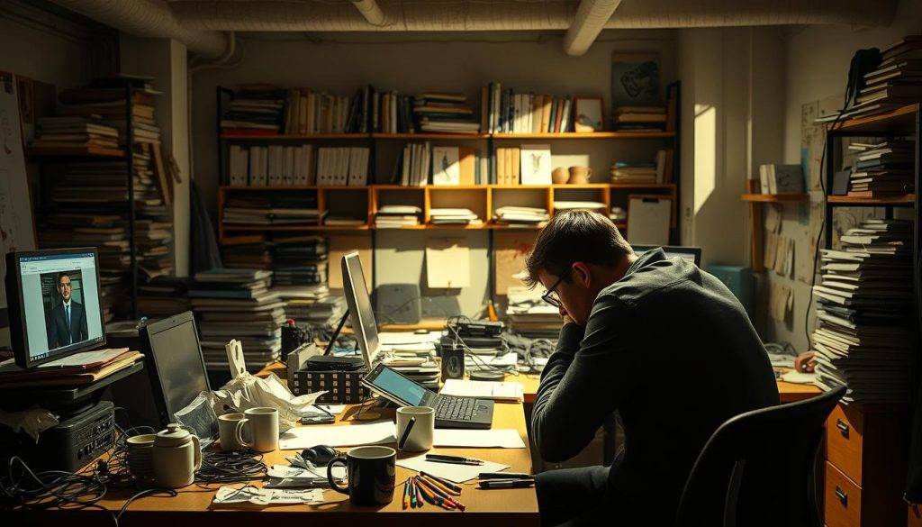 A dimly lit creative workspace in an open-plan office, with cluttered desks, tangled cables, and stacks of unfinished projects. In the foreground, a designer hunches over a computer, brow furrowed in concentration, surrounded by half-empty coffee mugs and crumpled paper. The middle ground features an assortment of design tools, including a tablet, stylus, and a tangle of colored markers. In the background, shelves filled with reference books, mood boards, and abandoned prototypes, casting long shadows across the room. The atmosphere is one of quiet frustration, a sense of being overwhelmed by the demands of the creative process.