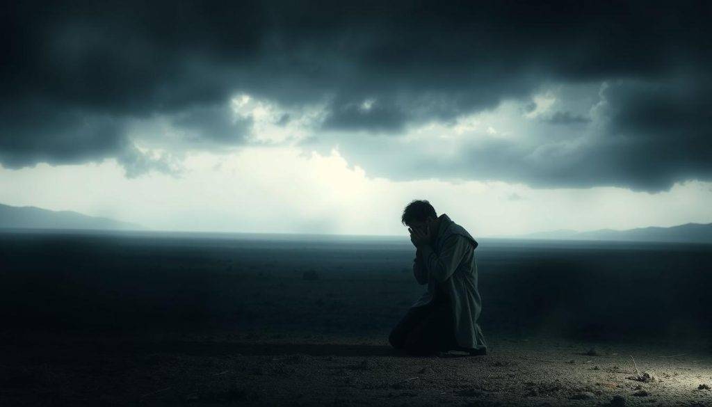 A dimly lit, desolate landscape shrouded in a haze of despair. In the foreground, a lone figure kneels, their head bowed, their posture conveying a profound sense of spiritual emptiness and disconnect. The middle ground is a barren, windswept plain, devoid of life, with a distant horizon that seems to stretch on endlessly. The background is a stormy sky, with clouds pregnant with the weight of unspent tears, casting an ominous, mournful glow over the entire scene. The lighting is low and moody, creating deep shadows that emphasize the isolation and hopelessness of the subject. The overall mood is one of profound spiritual crisis, a "dark night of the soul" where the individual feels profoundly disconnected from the divine.