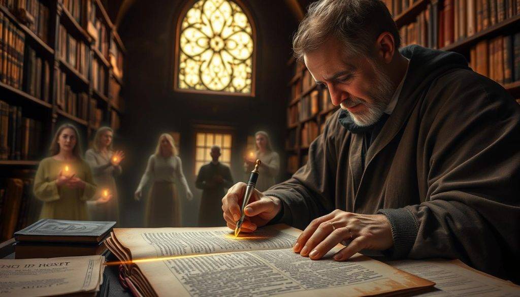 A dimly lit historical library, filled with ancient tomes and scrolls. In the foreground, a scholar in robes pores over a weathered manuscript, tracing the origins of the biofield concept with a glowing quill. Surrounding them, half-hidden in the shadows, are faint images of holistic healers, energy practitioners, and mystics from across the ages, their hands outstretched in gestures of healing. In the background, a grand, ornate window illuminates the scene, casting a warm, golden glow and suggesting the timeless, esoteric nature of this knowledge. The overall atmosphere is one of contemplation, discovery, and the unveiling of a long-hidden, yet vital, aspect of human experience.