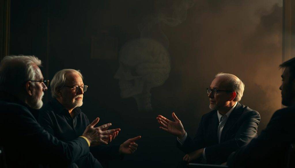 A dimly lit, intimate setting where a panel of distinguished scientists and thought leaders engage in a captivating dialogue. In the foreground, their animated expressions and gestures convey the depth of their intellectual exchange. The middle ground features a hazy, cerebral atmosphere, with wisps of smoke or light particles swirling, suggesting the intangible nature of consciousness. The background is shrouded in a pensive, philosophical ambiance, with muted tones and subtle textures that evoke a sense of timelessness and the exploration of the unknown. The lighting is subtle, casting warm, focused illumination on the faces of the participants, creating a sense of introspection and intensity. The overall composition suggests a sense of profound inquiry, where the boundaries between science, philosophy, and human experience are blurred, inviting the viewer to ponder the nature of consciousness and its place in the universe.