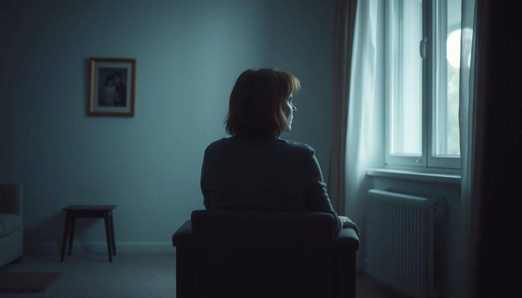 A dimly lit, introspective scene of a woman sitting alone on a chair, her expression pensive as she stares out a window. The room is sparsely furnished, conveying a sense of emptiness and loneliness. Soft, muted lighting filters in, casting shadows that accentuate the solitude. In the background, a faded family photograph on the wall serves as a subtle reminder of the past. The woman's posture is hunched, her body language reflecting the weight of the "empty nest" she is experiencing. An atmosphere of melancholy and contemplation pervades the scene, inviting the viewer to empathize with the complex emotions of this transitional life stage. A dimly lit, introspective scene of a woman sitting alone on a chair, her expression pensive as she stares out a window. The room is sparsely furnished, conveying a sense of emptiness and loneliness. Soft, muted lighting filters in, casting shadows that accentuate the solitude. In the background, a faded family photograph on the wall serves as a subtle reminder of the past. The woman's posture is hunched, her body language reflecting the weight of the "empty nest" she is experiencing. An atmosphere of melancholy and contemplation pervades the scene, inviting the viewer to empathize with the complex emotions of this transitional life stage.