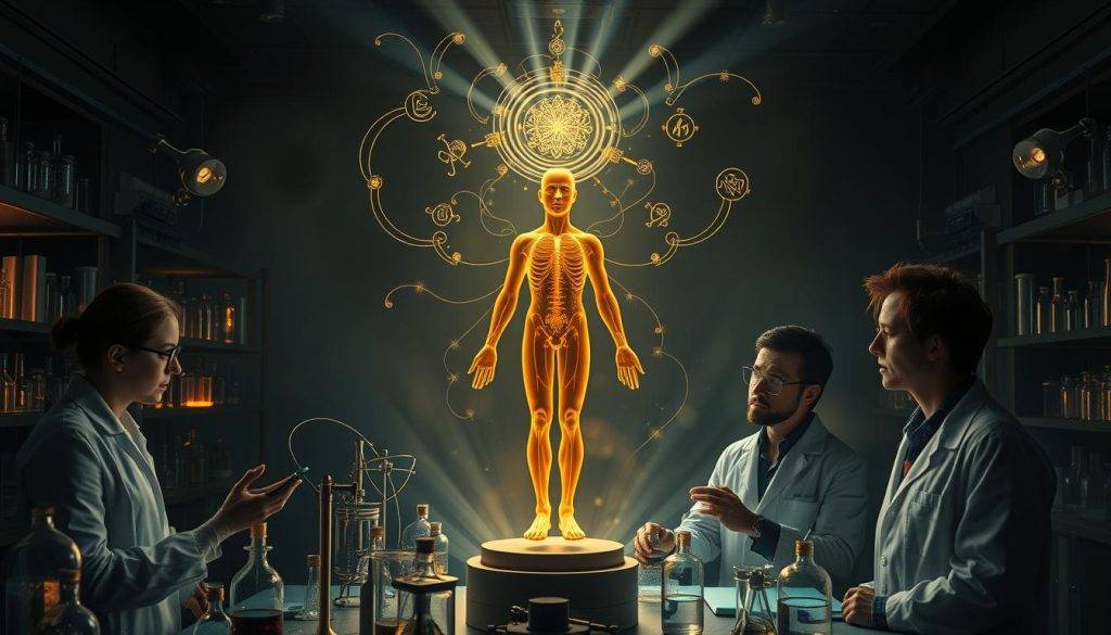 A dimly lit laboratory, filled with scientific instruments and glowing test tubes. In the center, a holistic model of the human body hovers, surrounded by swirling energy fields and mystic symbols. Researchers in lab coats examine the model intently, their expressions a mix of curiosity and reverence. Beams of light emanate from the model, illuminating the space and casting long shadows. The atmosphere is one of contemplation and the synergy of empirical evidence and spiritual understanding. Soft, ethereal lighting casts a serene, contemplative mood over the scene.