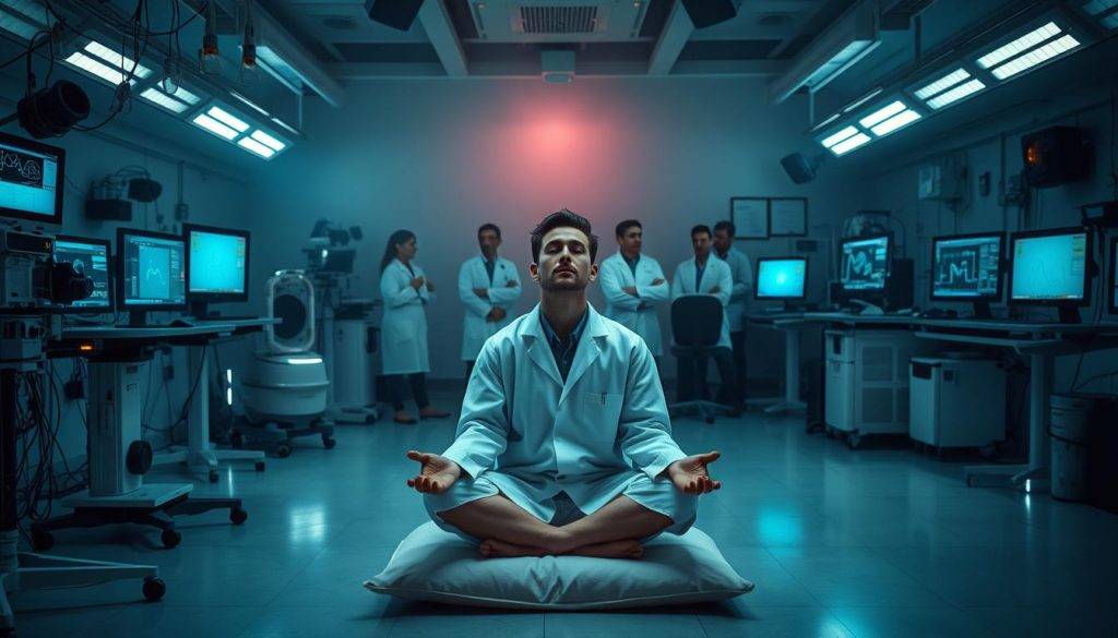 A dimly lit laboratory filled with state-of-the-art medical equipment. In the foreground, a researcher in a white lab coat sits cross-legged on a cushion, eyes closed, deeply immersed in a meditative trance. Surrounding them, various monitoring devices track brain activity and physiological responses. In the middle ground, a team of scientists observes the proceedings, intently studying the data displayed on their computer screens. The background is shrouded in a soft, hazy glow, creating an atmosphere of scientific inquiry and contemplative introspection.