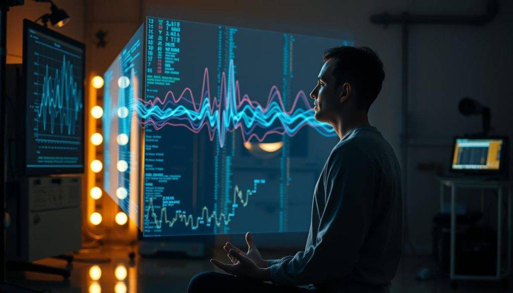 A dimly lit laboratory setting, with a researcher carefully examining EEG and EMG readings on a holographic display. The subject, a serene-looking individual, is seated in a meditative pose, their brain activity and muscle signals visualized in a mesmerizing dance of colorful data streams. Soft, warm lighting illuminates the scene, creating a contemplative atmosphere. The background features sleek, futuristic equipment and a sense of scientific exploration, blending seamlessly with the meditative practice. The image conveys the intersection of cutting-edge technology and the ancient art of meditation, highlighting the potential for deeper understanding of the human mind and consciousness.