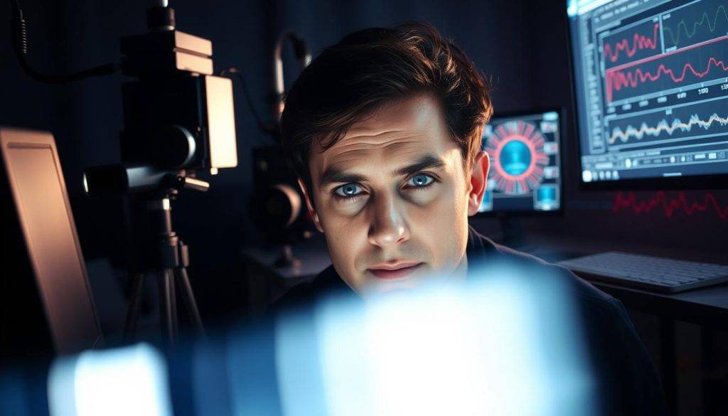 A dimly lit laboratory setting, with a subject seated in front of a computer display. The subject's eyes are focused intently, their expression one of deep concentration. In the foreground, a series of flickering images are barely perceptible, hinting at the subtle, subconscious stimuli being presented. The middle ground features various scientific instruments, including a high-resolution camera, a specialized eye-tracking device, and a bank of monitors displaying complex data visualizations. The background is shrouded in a soft, hazy glow, creating an atmosphere of mystery and exploration. The overall scene conveys a sense of the meticulous and methodical nature of subliminal priming studies, where the boundaries of human perception and consciousness are carefully investigated.