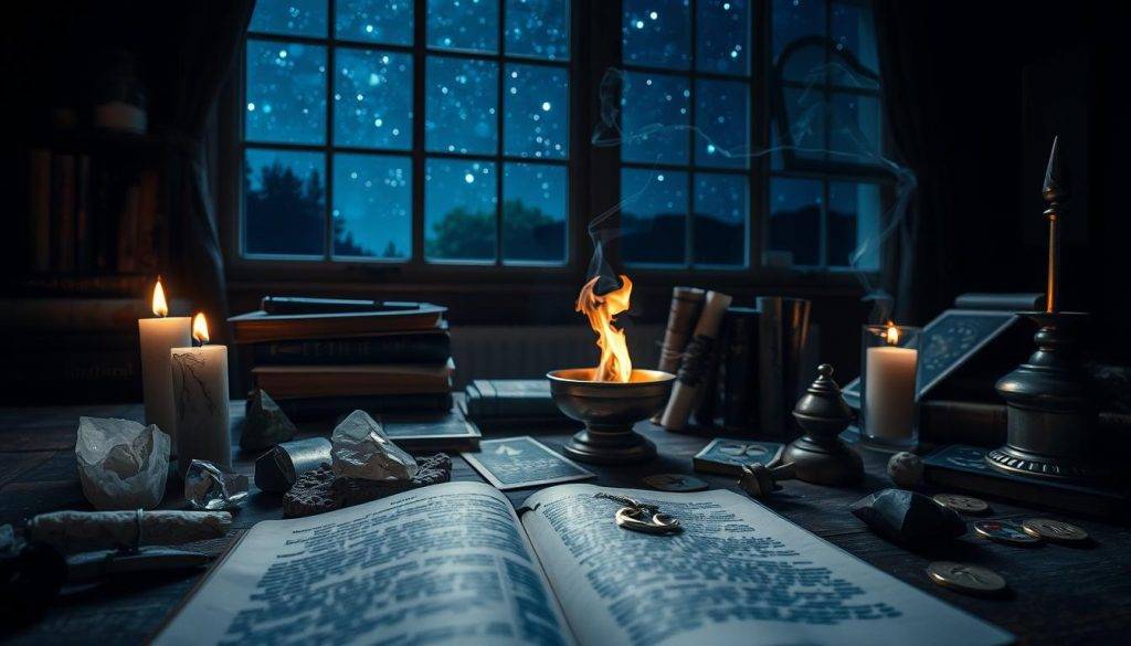 A dimly lit, mystical study filled with spiritual tools and artifacts. In the foreground, an open book, crystals, and a burning sage stick emit a soft, ethereal glow. A brass incense burner smolders in the middle ground, surrounded by tarot cards, runes, and a crescent moon pendant. In the background, a large window overlooks a starry night sky, casting a celestial ambiance throughout the scene. The lighting is moody and atmospheric, with deep shadows and highlights accentuating the spiritual essence of the room. A sense of introspection and connection to the cosmic energies of Mercury Retrograde permeates the space.