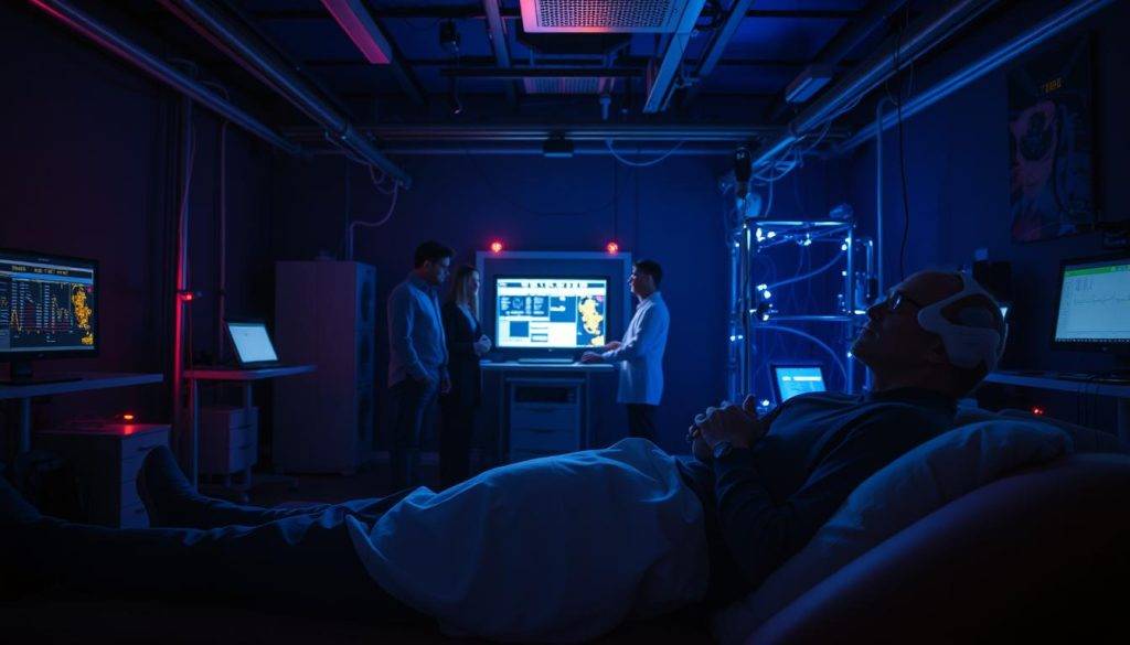 A dimly lit neuroscience laboratory, where the neural mechanisms of the human mind are being meticulously explored. In the foreground, a patient reclines on a couch, their eyes closed as they undergo a sensory overload therapy session. Bright, pulsating lights and ambient sounds envelop the space, creating an immersive, almost hypnotic atmosphere. The middle ground reveals a team of researchers intently observing the patient's responses, their faces illuminated by the glow of digital displays and the flickering lights. In the background, a complex network of wires and electrodes snakes across the room, connecting the patient to a sophisticated array of monitoring equipment. The overall scene conveys a sense of scientific inquiry, the pursuit of understanding the subconscious processes that shape the human experience.