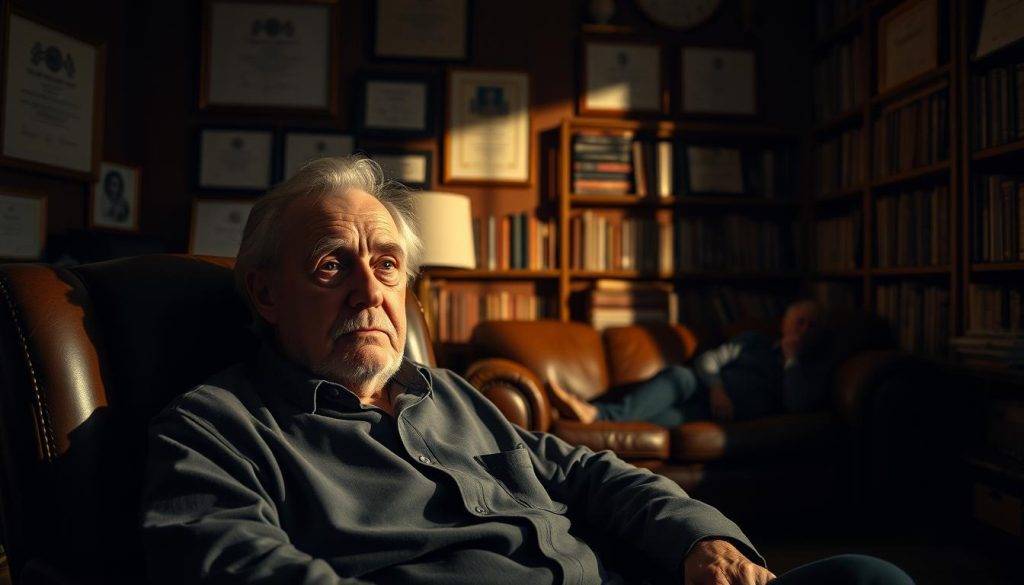 A dimly lit office scene, the walls adorned with diplomas and medical tomes, capturing the essence of Milton Erickson's therapeutic approach. In the foreground, Erickson sits in a leather armchair, his weathered face exuding a sense of contemplation and wisdom. Soft, warm lighting illuminates his features, creating an atmosphere of introspection. In the middle ground, a patient reclines on a couch, their expression one of tranquility and openness, reflecting Erickson's renowned ability to induce trance-like states. The background is filled with bookshelves, casting long shadows that evoke a sense of the subconscious and the hidden depths of the mind that Erickson sought to explore and unlock.