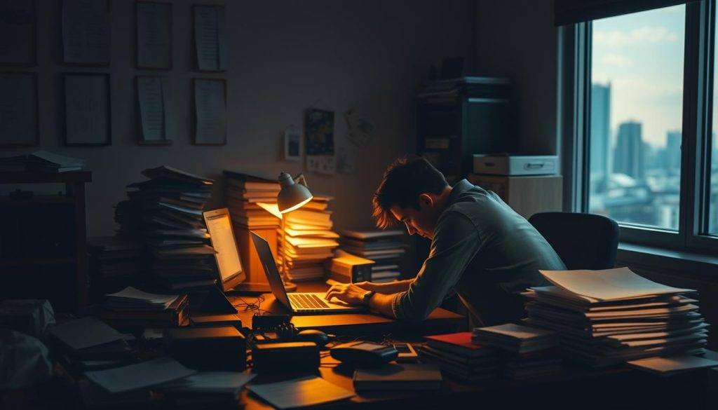 A dimly lit office space, with a digital nomad hunched over a laptop, surrounded by a cluttered desk, overflowing in-trays, and an array of electronic devices. Soft, warm lighting casts long shadows, creating a sense of isolation and overwhelming responsibilities. In the background, a blurred city skyline visible through a window, a reminder of the external pressures and disconnection from the physical world. The overall atmosphere conveys the mental strain, information overload, and lack of work-life balance that can contribute to remote work burnout.