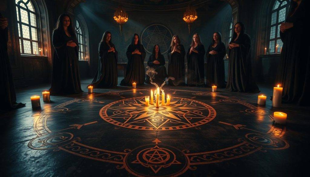 A dimly lit ritual chamber, candles flickering, casting soft shadows. In the center, a coven of figures in flowing robes, hands joined, energy pulsing between them. Intricate sigils and symbols etched into the floor, glowing with an otherworldly light. Wisps of incense drift through the air, adding to the atmosphere of mysticism. The participants are in a state of deep focus, channeling the primal power of sexual energy into manifestation. Ambient lighting illuminates their faces, expressions a mix of ecstasy and concentration. The camera angle is low, capturing the ritualistic proceedings from an angle that evokes a sense of reverence and immersion.