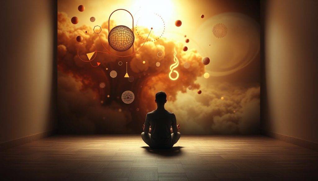 A dimly lit room, illuminated by soft, diffused lighting that casts a warm, introspective glow. In the foreground, a figure sits in a meditative pose, their hands gently resting on their lap, conveying a sense of inner calm and focus. Behind them, abstract shapes and patterns swirl and twist, representing the subconscious mind and the hidden dynamics of Ericksonian ambiguity. The middle ground features a series of sensory elements, such as floating geometric shapes, mist-like textures, and subtle distortions, creating a sense of sensory overload and disorientation. The background showcases a dreamlike landscape, with ethereal, blurred forms and a soft, hazy atmosphere, alluding to the realm of the subconscious and the power of subliminal priming. The overall composition evokes a sense of introspection, psychological exploration, and the interplay between the conscious and subconscious realms.
