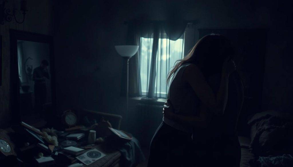 A dimly lit room, the air thick with tension. In the foreground, two figures, their bodies twisted in a toxic embrace, expressions twisted with anguish and despair. The middle ground reveals the scars of emotional turmoil - shattered mirrors, broken glass, and discarded possessions. The background casts a somber, oppressive atmosphere, with shadows creeping in, hinting at the overwhelming sense of isolation and hopelessness. Dramatic lighting and muted tones convey the heavy, suffocating nature of a toxic relationship, the need for understanding and establishing healthy boundaries painfully evident.