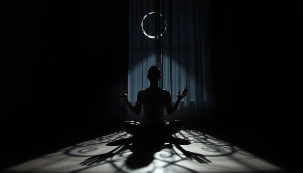 A dimly lit room, the only illumination coming from the soft glow of a crescent moon filtering through drawn curtains. In the center, a figure sits cross-legged, palms upturned, eyes closed in deep meditation. Translucent shadows, cast by the lunar light, dance and swirl around the meditator, forming intricate patterns that seem to shift and morph with each passing moment. The atmosphere is serene, introspective, as if the very air is charged with the energy of self-reflection. In the background, the faint outline of a lunar eclipse can be seen, a symbolic reminder of the profound connection between the celestial and the personal. This is a scene of eclipse-inspired shadow work, a journey of inner exploration and transformation.