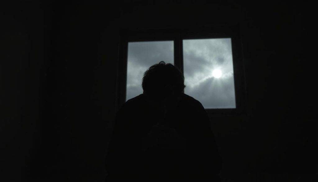 A dimly lit room, the walls painted in muted tones, casting a somber atmosphere. In the foreground, a figure sits hunched, hands clasped tightly, the weight of the world visible in their posture. Wisps of smoke curl from a half-extinguished cigarette, symbolizing the inner turmoil. In the middle ground, a window frames a bleak, grey landscape, with clouds obscuring the sun, mirroring the subject's emotional state. The lighting is low-key, creating deep shadows that accentuate the sense of isolation and emotional heaviness. The camera angle is slightly low, adding to the sense of vulnerability and helplessness. The overall mood is one of profound melancholy, a visual representation of the intersection between mental health and environmental stress.