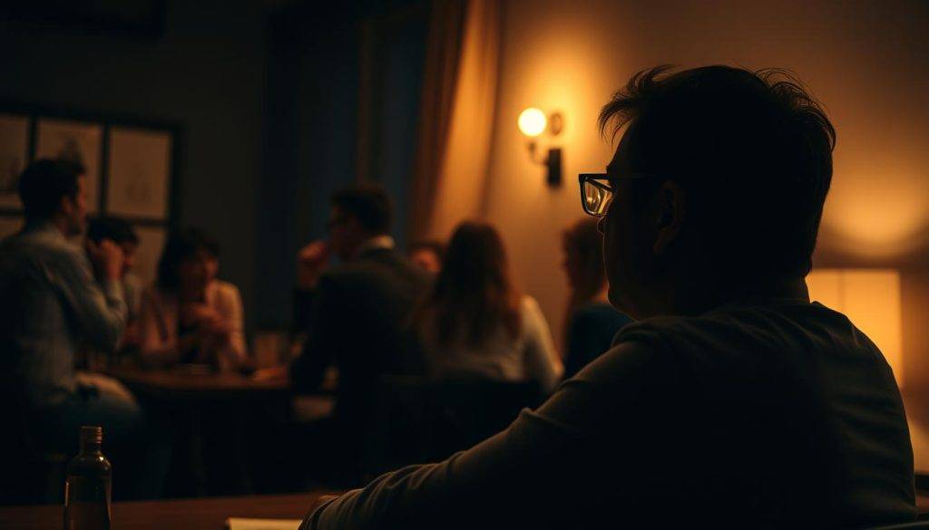 A dimly lit room, with a person seated at a desk, intently observing the subtle movements and expressions of individuals in a social gathering. The scene is captured through a medium-wide angle lens, with a shallow depth of field that softly blurs the background, drawing the viewer's focus to the central figure. Warm, muted lighting casts a contemplative atmosphere, as the subject meticulously studies the nuanced cues of body language, facial expressions, and interpersonal dynamics. The image conveys a sense of deep, analytical observation - the art of reading social energy through careful, mindful attention to detail.