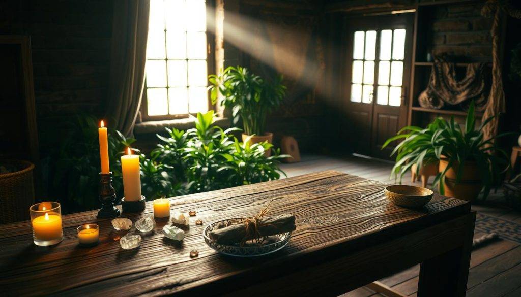 A dimly lit room with a rustic, earthy ambiance. In the foreground, a wooden table adorned with crystals, candles, and a bundle of sage. The middle ground features a plush rug with intricate, symbolic patterns, surrounded by lush, verdant plants. In the background, a large window allows soft, natural light to filter in, casting a warm glow and creating a sense of tranquility. The overall atmosphere is one of sacred, grounded ritual preparation, inviting the viewer to partake in a profound, spiritual experience.
