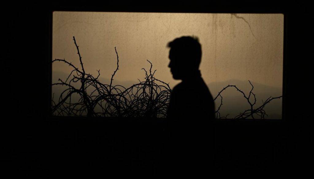 A dimly lit room, with a shadowy figure in the foreground, symbolizing the hidden nature of resistance. In the middle ground, tangled vines and thorns represent the complex, interwoven factors that contribute to resistance. The background is a hazy, abstract landscape, suggesting the larger societal and psychological forces at play. Dramatic chiaroscuro lighting casts deep shadows, creating a sense of mystery and unease. The overall mood is one of introspection and the need to delve deeper to uncover the root causes of resistance.