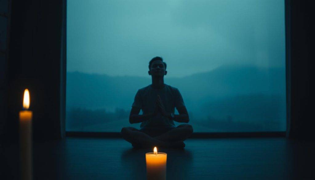 A dimly lit room, with a soft, warm glow from a single candle flickering in the foreground. In the middle ground, a person sitting cross-legged, their eyes closed, their hands resting gently on their lap, as they delve deep into their subconscious, exploring the inner workings of their beliefs and intentions. The background fades into a hazy, ethereal landscape, suggesting the expansiveness of the mind and the boundless possibilities for transformation. The overall mood is one of introspection, contemplation, and the power of the human mind to shape reality.
