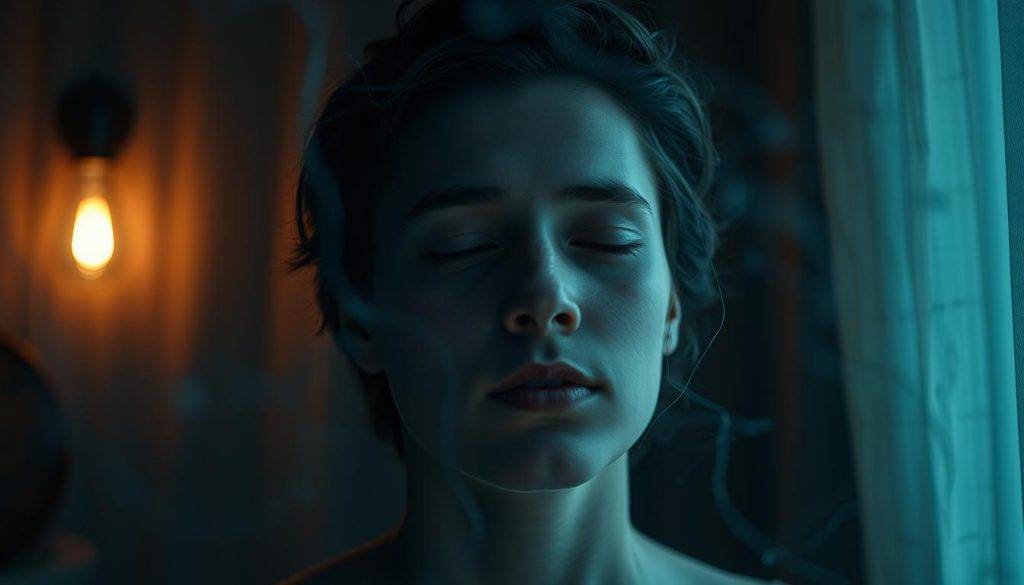 A dimly lit room with a subtle glow, illuminating the face of a person in contemplation. Their eyes are half-closed, expression serene, as they focus inward. Surrounding them, wispy tendrils of energy emanate, hinting at the subconscious connections being forged. The background is a blend of soft, dreamlike textures, suggesting the vast, untapped potential of the mind. A sense of tranquility and introspection pervades the scene, inviting the viewer to explore the nuances of Ericksonian ambiguity.