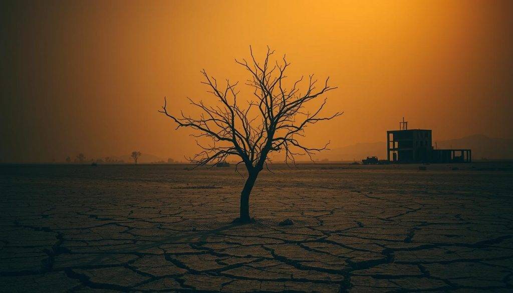 A dimly lit, somber landscape of a cracked, barren earth. In the foreground, a single, withered tree stands, its branches reaching up in a plaintive gesture. The sky is a hazy, ochre-tinted expanse, tinged with the melancholy of a dying world. In the distance, faint silhouettes of abandoned structures loom, a testament to the ravages of environmental collapse. The lighting is moody and atmospheric, casting long shadows that convey a sense of anguish and despair. The overall mood is one of profound eco-grief, a visceral representation of the emotional toll of climate change.