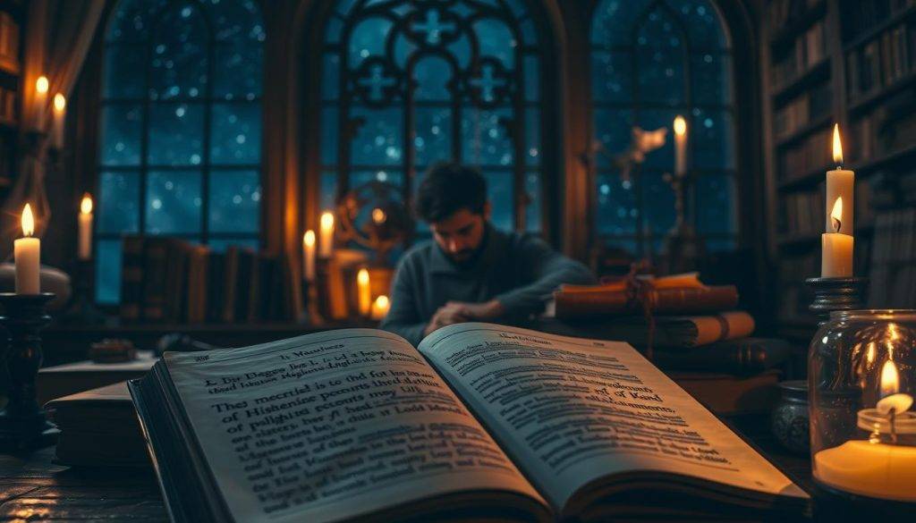A dimly lit study, filled with the glow of candlelight and the warm hues of old parchment. In the foreground, an open journal detailing meticulous accounts of historical lucid dreaming research, its pages illuminated by the soft light. In the middle ground, a scholar is deep in contemplation, surrounded by ancient tomes and scrolls, their face cast in pensive shadows. The background features a large, ornate window, revealing a night sky dotted with stars, hinting at the vast mysteries of the subconscious mind. The scene conveys a sense of contemplation, discovery, and the timeless pursuit of understanding the intricacies of human consciousness.