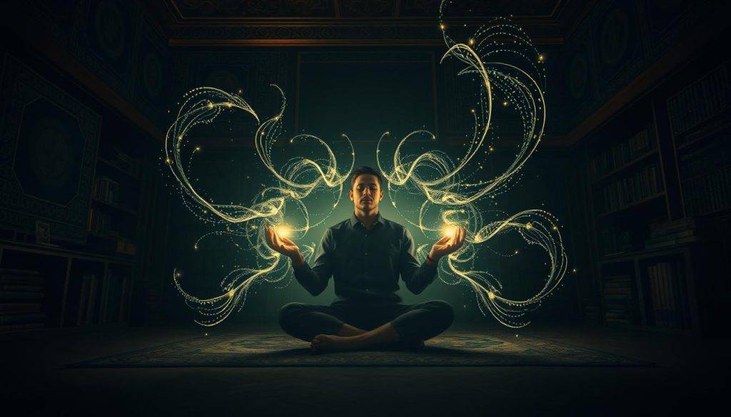 A dimly lit study room, the walls adorned with intricate patterns and symbols. In the center, a figure sits cross-legged, their eyes closed in deep meditation. Glowing energy fields emanate from their hands, creating a mesmerizing visual symphony. Swirling, cascading lines of code and data flow through the air, weaving a tapestry of subconscious influence. The lighting is soft and muted, casting a warm, contemplative glow over the scene. The angle is slightly elevated, creating a sense of otherworldly perspective. The overall mood is one of introspection, mysticism, and the subtle power of the mind to shape and reprogram one's inner landscape.
