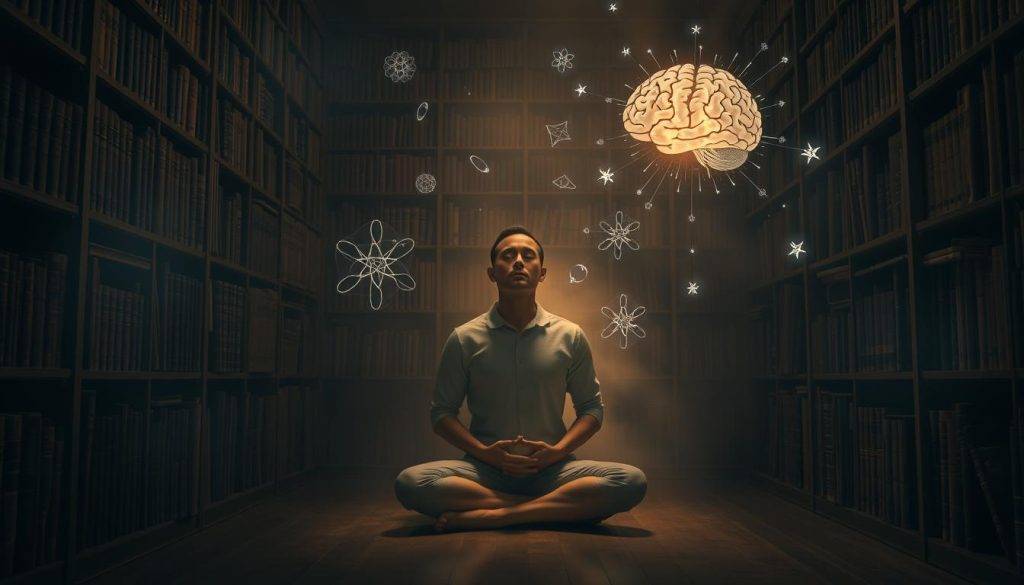 A dimly lit study, surrounded by towering bookshelves filled with ancient tomes. In the center, a serene figure sits cross-legged, eyes closed, hands resting gently on their lap. Soft, warm lighting illuminates their face, casting a meditative glow. The background is hazy, with wisps of ethereal energy swirling around, blending science and spirituality. Delicate, intricate diagrams and illustrations of the brain float in the air, providing a visual representation of the connection between neuroscience and meditation practices. The overall atmosphere is one of profound introspection, where the pursuit of knowledge and the exploration of the self converge.