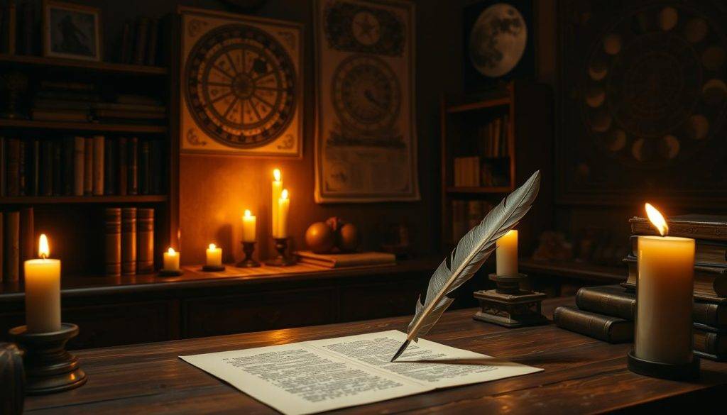A dimly lit study, with a wooden desk illuminated by soft, flickering candlelight. On the desk, a quill pen poised over a parchment, as if in deep contemplation. The room is filled with the musky scent of old books and the faint whispers of the wind outside. Astrological charts and lunar phases adorn the walls, casting an ethereal glow. The air is charged with a sense of introspection and the pursuit of self-discovery, as the writer navigates the ebbs and flows of Mercury's retrograde cycle.