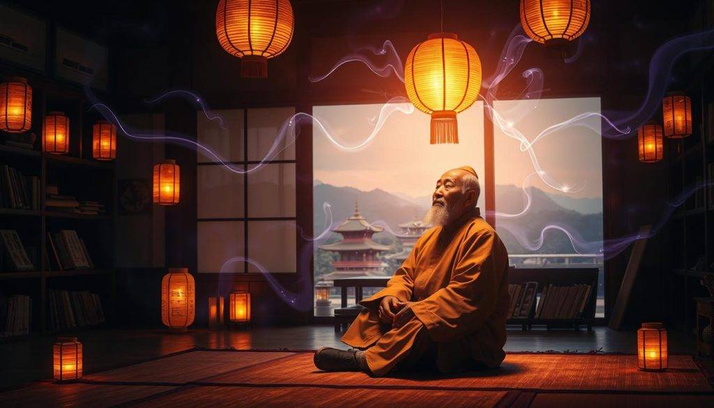 A dimly lit traditional Korean study, illuminated by the warm glow of paper lanterns. In the foreground, an elderly scholar sits cross-legged, eyes closed in deep contemplation, hands resting gently on their lap. Surrounding them, wisps of ethereal energy radiate outward, in shades of blue, purple, and gold, forming a mesmerizing halo. In the middle ground, scrolls and books on Korean history and philosophy line the shelves, hinting at the cultural and historical context of this ancient practice. The background reveals a panoramic view of a serene Korean landscape, with rolling hills and a distant temple, conveying a sense of timelessness and tranquility.