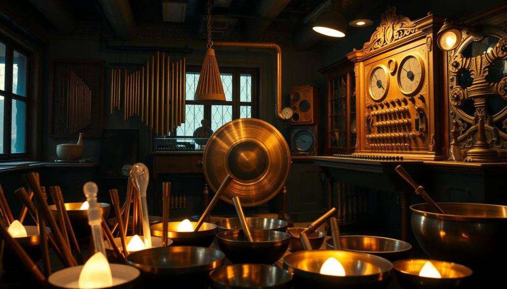 A dimly lit vintage laboratory, filled with an array of historical sound therapy instruments. In the foreground, a collection of tuning forks, quartz crystal bowls, and Tibetan singing bowls, each exuding a serene glow under soft, warm lighting. In the middle ground, a massive gong and a set of chimes hang from the ceiling, their metallic surfaces gleaming. In the background, a large, ornate organ-like contraption with intricate dials and knobs, hinting at the complexities of past sound healing technologies. The overall atmosphere is one of reverence, mystery, and the profound power of vibration to heal and transform.