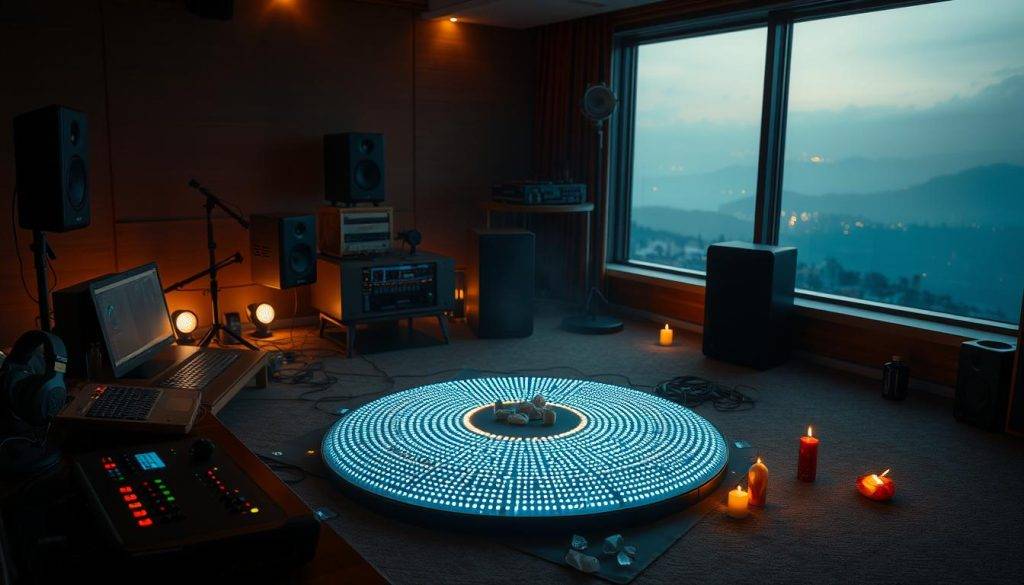 A dimly lit workspace bathed in a warm, golden glow. In the foreground, an array of audio equipment - sleek sound mixers, headphones, and microphones arranged with precision. The middle ground features a high-tech meditation cushion, its surface glowing with embedded lights and sensors, surrounded by a scattering of crystals and incense. In the background, a floor-to-ceiling window reveals a serene, hazy landscape, hinting at the tranquility of the setting. The overall atmosphere evokes a fusion of technology and mindfulness, a harmonious blend of the modern and the mystical.