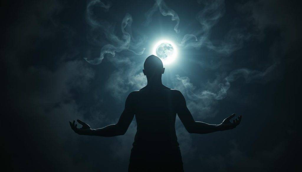 A dramatic night sky, the moon's luminous eclipse casting a ethereal glow. Amidst swirling energy fields, a central figure emerges - a human form in deep contemplation, hands outstretched to channel the transformative power of the celestial event. Shimmering wisps of shadow energy radiate outward, intertwining with beams of moonlight. The scene is imbued with a sense of introspection and personal growth, as the eclipse's influence manifests in a visual dance of light and shadow. Soft chiaroscuro lighting enhances the mystical atmosphere, the camera angled to capture the striking interplay between the human subject and the cosmic forces at work.