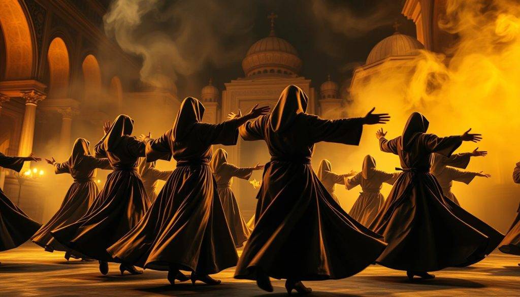 A dramatic scene depicting the history and origins of Sufi whirling meditation. In the foreground, a group of robed and hooded Sufi dervishes spin gracefully, their flowing garments and outstretched arms creating a mesmerizing vortex of movement. The middle ground features a serene, softly-lit architectural setting, with ornate arches and domes suggesting a historical religious or cultural context. The background is filled with a swirling, ethereal mist, evoking a sense of timelessness and the spiritual realm. The lighting is dramatic, with warm, golden tones illuminating the central figures and casting deep shadows, creating an atmosphere of mysticism and contemplation.