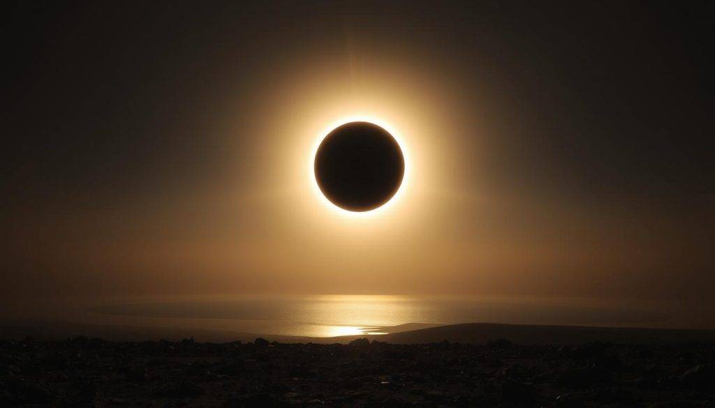 A dramatic solar eclipse, with the moon precisely aligned between the sun and Earth, casting an ethereal shadow across the landscape. The sun's corona shines brilliantly around the moon's silhouette, bathing the scene in a soft, otherworldly glow. In the foreground, a desolate, rocky terrain creates a stark contrast, while the middle ground features a tranquil lake, its surface mirroring the celestial event. The background is a hazy, atmospheric sky, hinting at the cosmic forces at play. The overall composition evokes a sense of awe and contemplation, reflecting the profound spiritual and scientific significance of this celestial alignment.