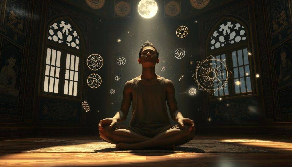 A dreamer sits cross-legged, eyes closed, in a dimly lit chamber adorned with Tibetan iconography. Gentle moonlight filters through ornate windows, casting a serene, contemplative atmosphere. Surrounding the dreamer, mystical symbols and glyphs float in the air, pulsing with an ethereal energy that mirrors the focus and concentration on the dreamer's face. In the background, an infinity of star-filled skies suggests a transcendent, otherworldly dimension. The scene evokes a profound state of mnemonic induction and reality testing, where the boundaries between dream and waking life blur, enabling a deeper exploration of the subconscious.